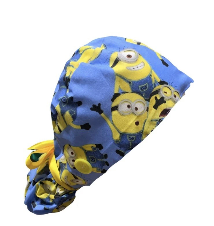 Minions SATIN LINED Scrub Cap Ponytail Hat Long Hair Protection Nurse Hat - Image 3 of 4