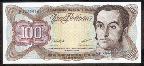 Venezuela UNC Note 100 Bolivares Bs October 1998, P-66g, Prefix H, Uncirculated - Afbeelding 1 van 2