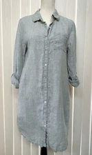 C & C California Linen Shirt Dress M Green Button Front Roll Sleeve Midi Pockets