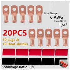 10 6AWG Gauge Copper Ring Terminals 1/4" RED/BLACK Heat Shrink Tubing LUGS