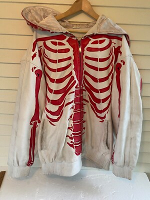 Skelton Jacket Faux Leather White and Red Full Zip Moto Skull Distressed LARGE