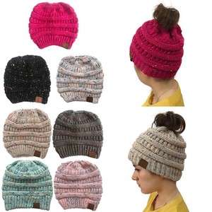 Women Stretch Knitted Beanie Hat Messy High Bun Ponytail Winter Warm Hole Cap