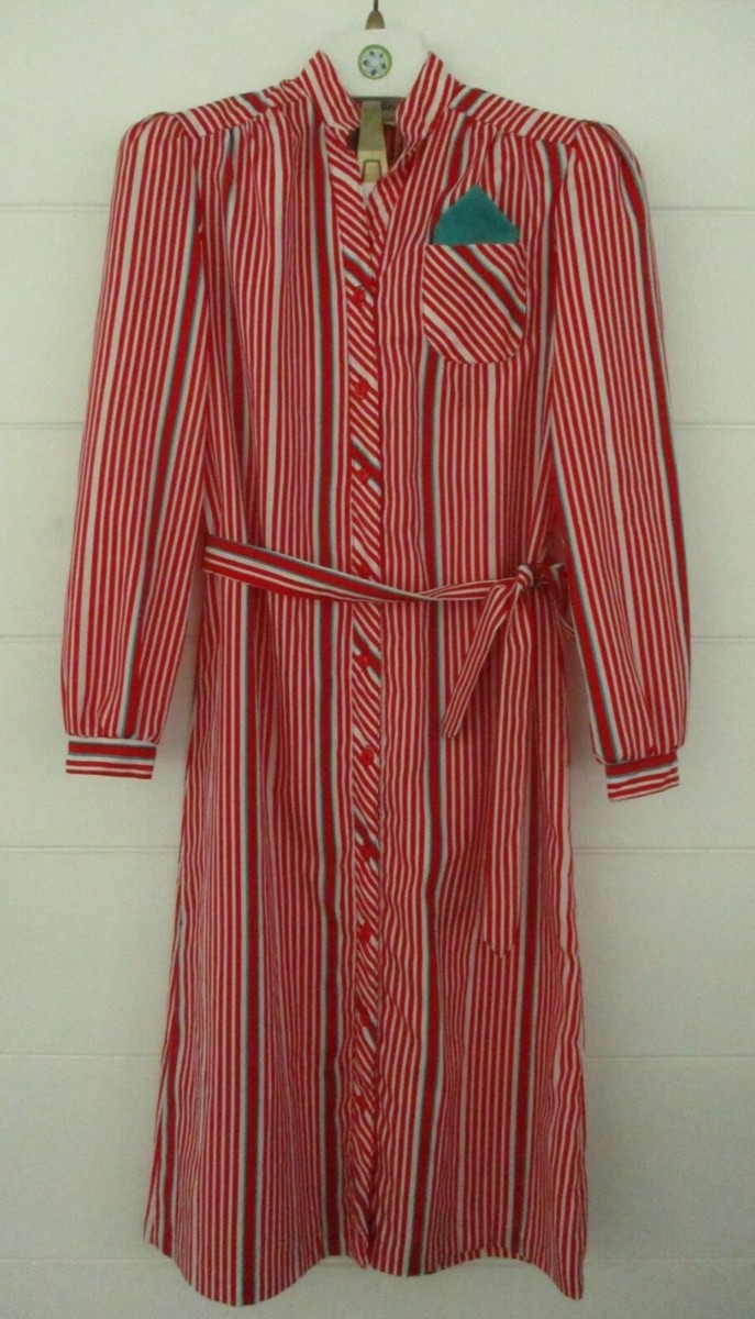 Vtg Breli Originals Button-Up Midi Dress Bold Red Stripe Sz 10 Long Sleeve  Tie | eBay