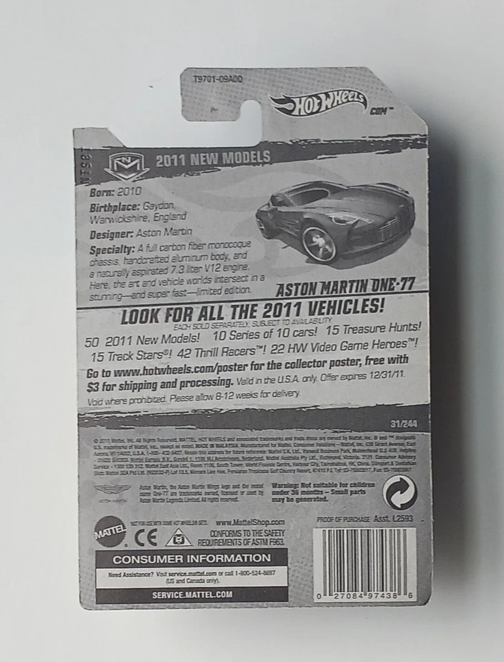 Hot Wheels 2011 nuevos modelos Aston Martin One-77 coche error ruedas traseras incorrectas Foto 4 de 4