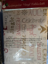 CHRISTMAS HOLIDAY RECTANGULAR VINYL TABLECLOTH 52" X 72" FESTIVE TERMS JOLLY JOY