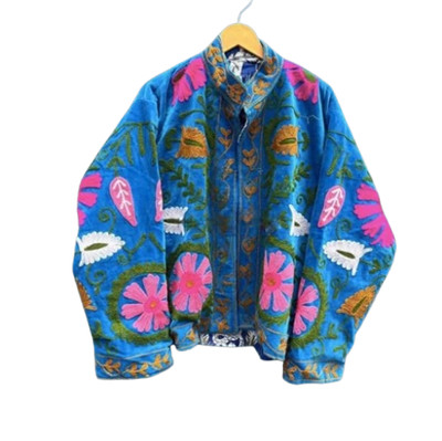 Boho Embroidered Turquoise Velvet Jacket Pink Suzani Mandala Flower Hippie Coat