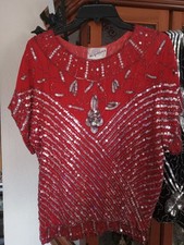 70s Vintage Iconic Sequin Blouse Silver Red 100 Silk Disco Sz Lg