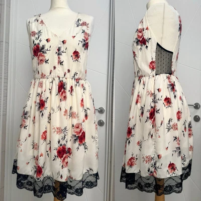 Zara Trafaluc •  cream red floral Lined Dress Sz 12 UK. Good Cond #M - Image 1 of 4