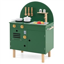 Green Wooden Play Kitchen Set, Interactive Stove  Sink for Pretend Cooking