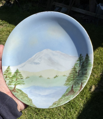 Hand-painted plate, Mount Rainier Washington, folk art, signed on back, 1952