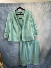 Vtg 90s Y2K Kasper 3Pc Skirt Suit 18W Plus Turquoise Aqua Shimmer Lattice Cutout