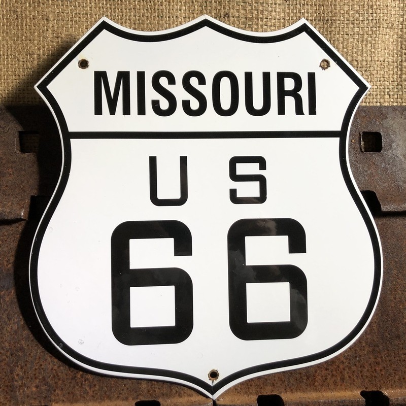 VINTAGE MISSOURI US U.S. ROUTE 66 GASOLINE 13” PORCELAIN GAS HIGHWAY ROAD SIGN