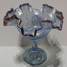 Vintage Fenton Art Glass Persian Medallion Blue Iridescent Ruffled Compote Bowl