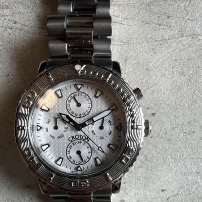 Croton Multi-Function Quartz Mens Watch White Textured Dial Steel Bracelet