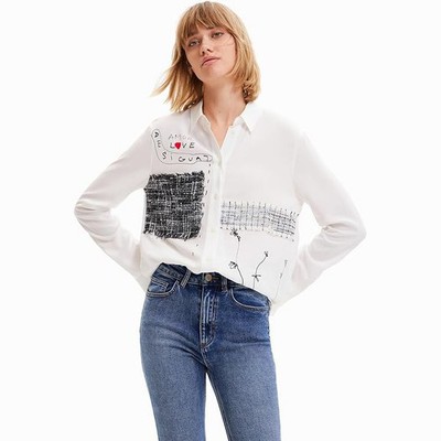 Desigual Womens Patchwork Button Up Long Sleeve Shirt XS White Graphic Eclectic