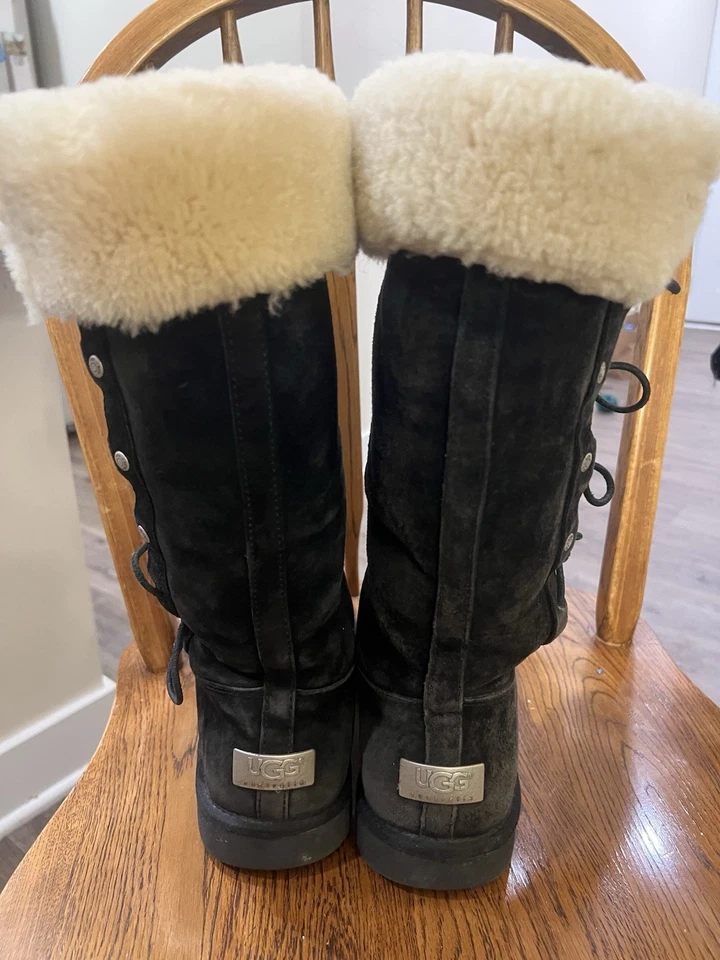 UGG Australia вверх ногами высокий 5163 черная замша шнурует вверх зимние ботинки Sz 10 - Изображение 3 из 4