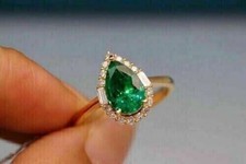 2Ct Pear Cut Simulated Green Emerald Halo Engagement Ring 14K Yellow Gold Plated