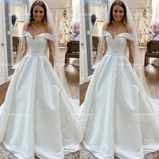 Off Shoulder Wedding Dresses Satin White Ivory Simple Church Lace up Bridal Gown