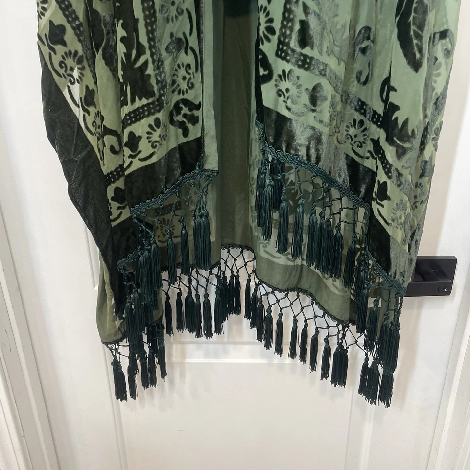 Free People Nightbird Burn Out Kimono One Size Tassels Sheer Green Boho Festival - Image 3 of 4