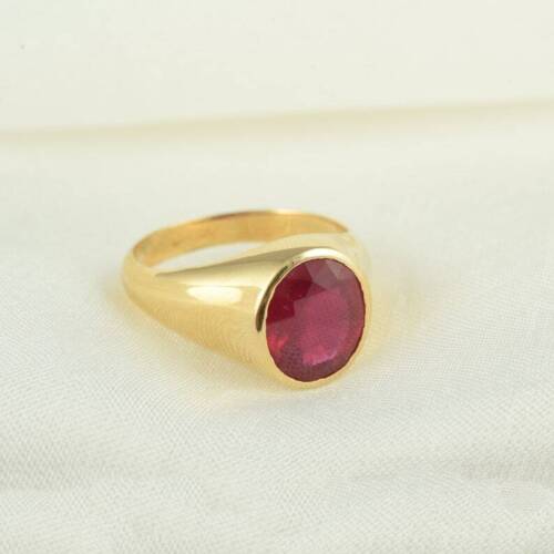 14k Solid Yellow Gold Natural Red Ruby Gemstone Solitaire Signet Ring - Picture 3 of 5