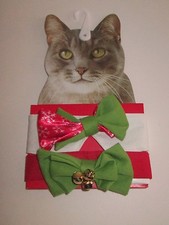 TWO Kitty CAT HOLIDAY BOW TIES New 2 Jingle Bells CHRISTMAS Pet RED  GREEN