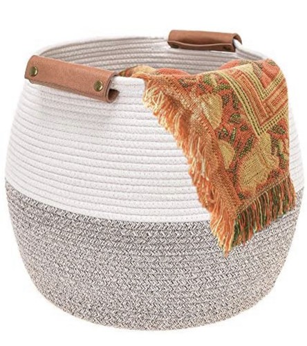 Hamper Storage Bin Decor Container Cotton Rope & Leather Handles Nice Quality - Picture 1 of 12