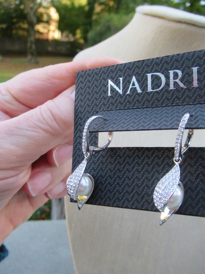 NWT Nadri Rhodium Plated Drop Faux Pearl Earrings/ Cubic Zirconias  - Image 4 of 4