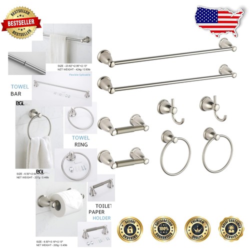 10-Piece Brushed Nickel Bathroom Set - Towel Bars, Rings, TP Holder & Hooks