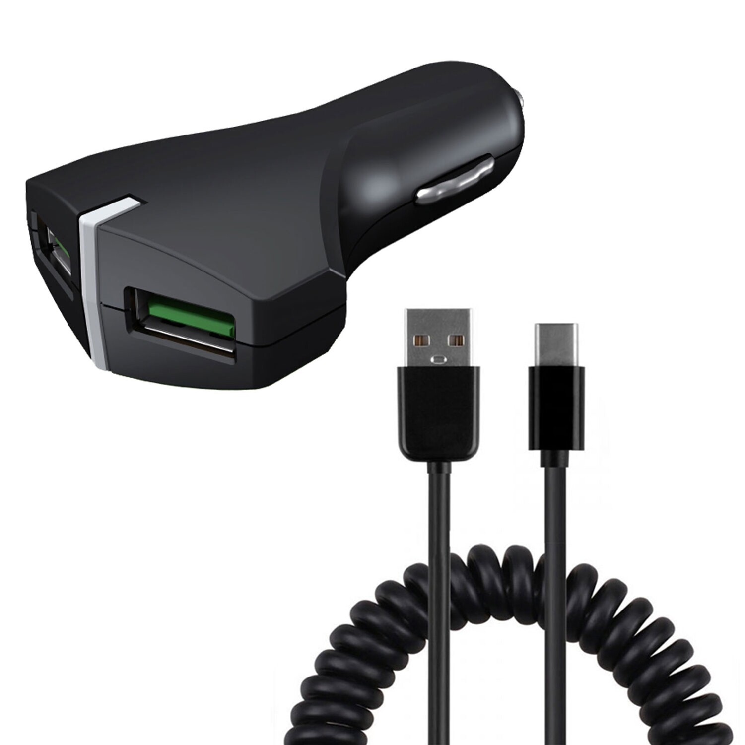 For Samsung Galaxy S23/Ultra/Plus - 36W Fast Car Charger 2-Port USB Coiled Cable