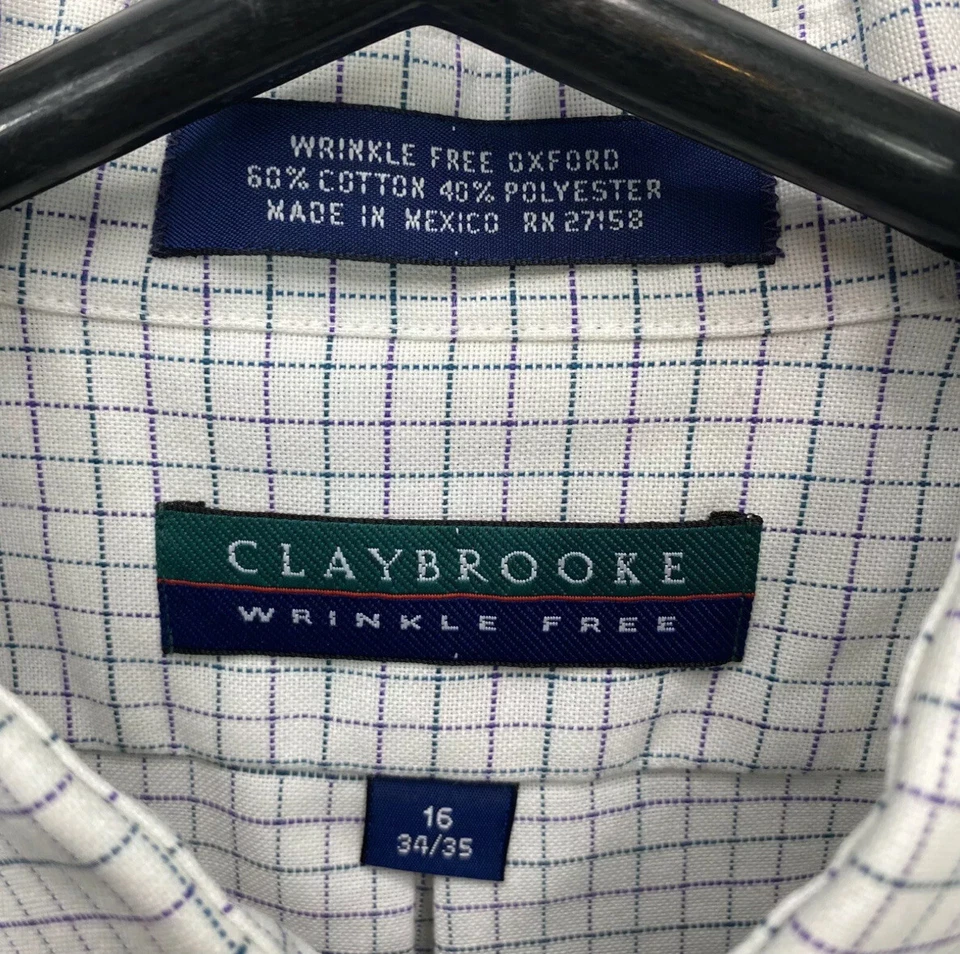 Claybrooke Shirt Dress Button Up Collared White Green Purple Check Size 16 34/35 - Image 3 of 4