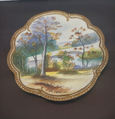 Antik vor 1890 Nippon handbemalt malerischer Wandteppich Wandrelief Teller signiert