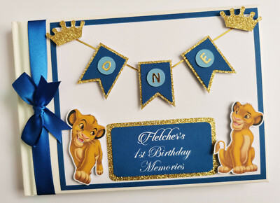 Personalisiertes Gästebuch König der Löwen Simba Jungen Geburtstag, blau und gold Simba Geschenk