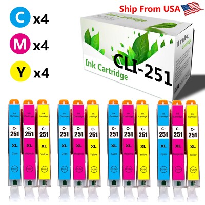 (12PK,4C4M4Y) CLI-251 CLI251 Ink Cartridge for IP8720 MG5420 Printer