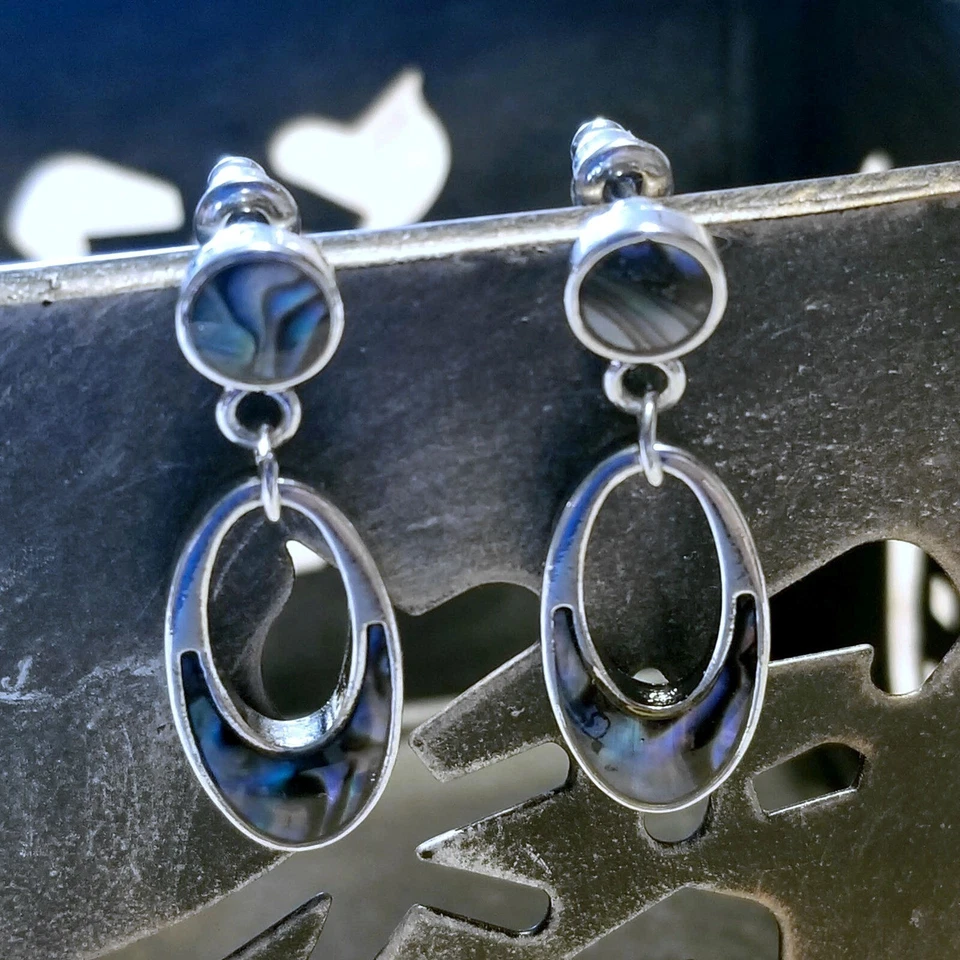 Mid Century Style Paua Shell Open Oval Modernist Dangle Earrings Silver Tone - Image 3 of 4