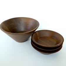 American Walnut Wood Salad Bowl Set 4 Piece Quality Heirloom Ware Vintage