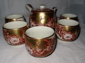 Meiji Era Japanese Tea Set Signed Kutani Reisei  Peacock and Peonies Gold /Red