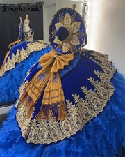 Blue Mexi Beaded QuinceaneraDress Horse Lace Appliques Princess Crystals Ruffles