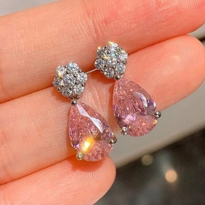 3 Ct Pear Cut Simulated Pink Sapphire Drop/Dangle Earrings 14k White Gold Plated