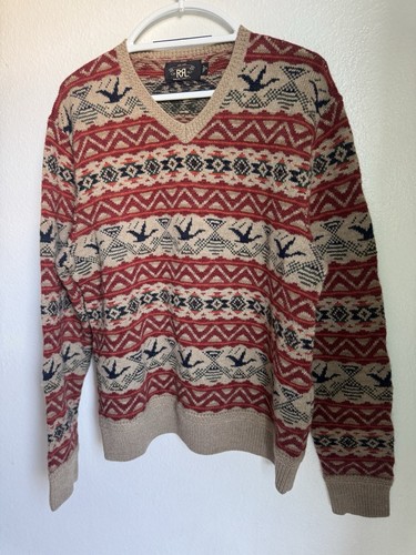 RRL Ralph Lauren Fair Isle V-Neck Sweater With Bird Pattern Red,Beige, & Blue XL - Picture 21 of 24