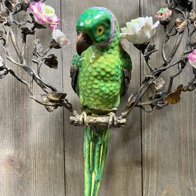 Porcelain Parrot on Floral Stand with Tole Peinte Mount