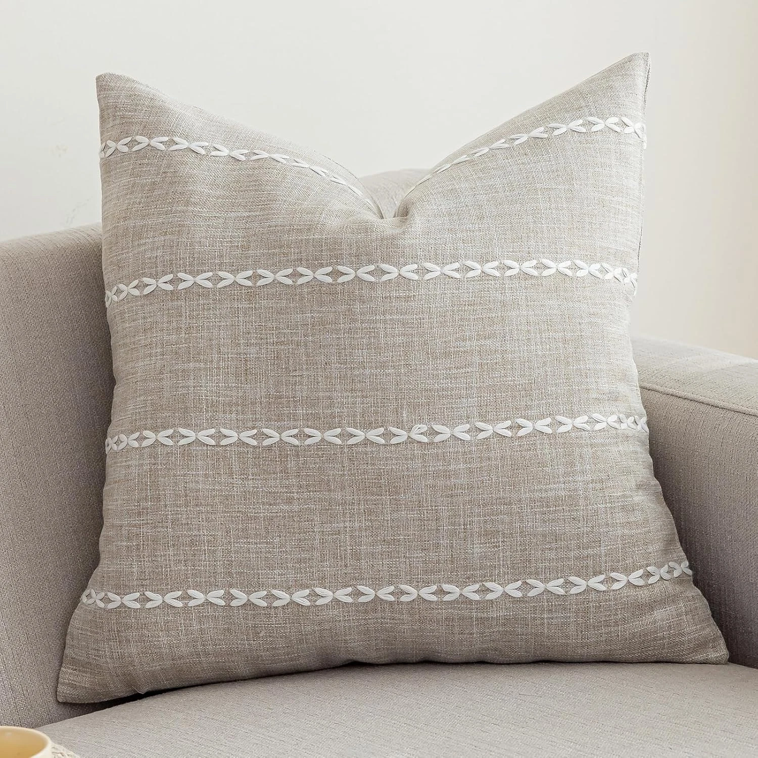 Rustic Striped Cotton Linen Decorative Throw Pillow Cover Embroidery Squ
