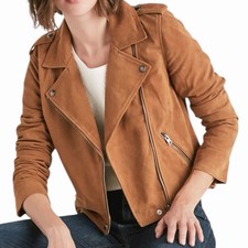 Lucky Brand Goat Suede Asymmetrical Zip Moto Jacket Brown Women Size XS