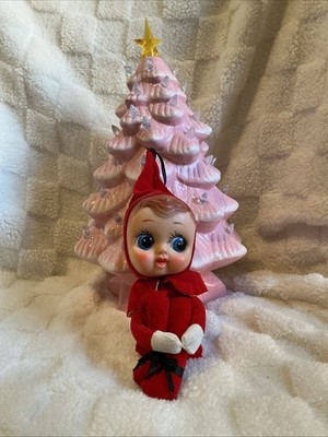 VTG 50s Christmas Knee Hugger Pixie Elf Doll Big Eyes Velour Body Plastic Face