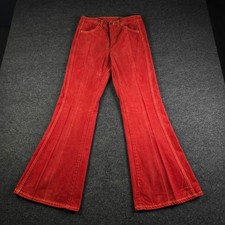 Vtg 70s Red Orange Flare Bell Bottom Jeans High Waist Contrast Stitch 30Wx31L