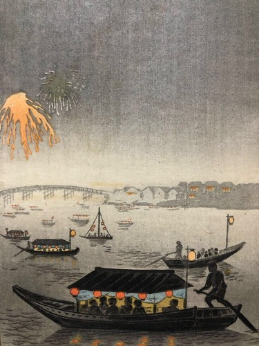 Impresión en madera, fuegos artificiales del río Morita Kako Sumida formato Tanzaku, período Meiji - Imagen 3 de 8