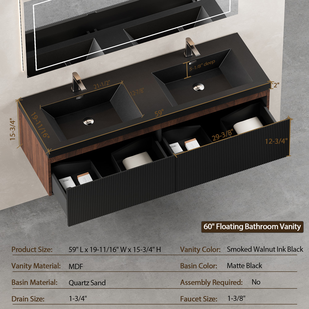 60" Wall Mounted Bathroom Vanity w/Double Sink,2 Drawers,Floating Vanity Cabinet