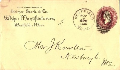Steimer, Searle & Co Whip Manufacturers Westfield MA Envelope 1886 Newbury ME