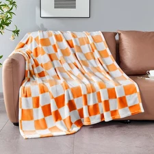 Orange Checkered Blanket Soft Cozy Fleece Throw Ultra Fluffy All Season 50x60