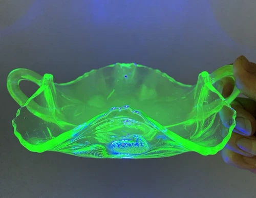 Fenton Vaseline BonBon Dish Green Strawberry Depression Uranium Glass Vintage