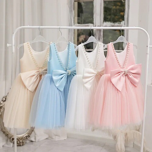 Girls Party Backless Dress Flower Girl New Pearls Gown Princess Bow Kids Dresses - Picture 1 of 31